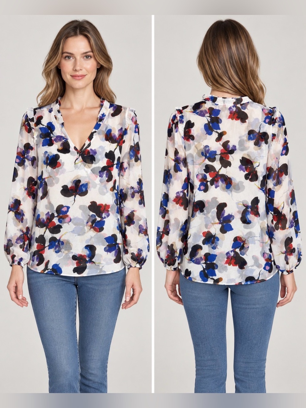 Cabi Orchid Floral Print Ruffle V-Neck Blouse Top Large L